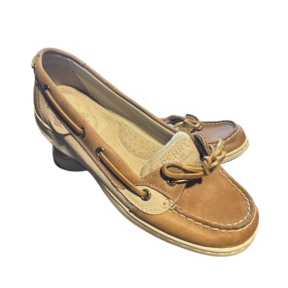 Sperry Shoes - Sperry Top Sider ANGELFISH Tan Leather Gold Sparkle Linen Boat Shoes 7.5 women